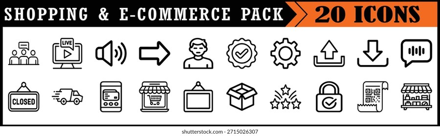 Shopping and E-commerce Line Icon Set, Minimal black line icons representing shopping and e-commerce functions, ideal for online stores, apps, websites, and digital business interfaces.

