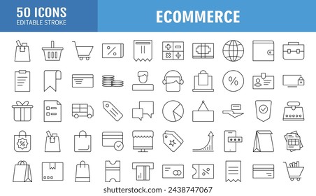 Shopping and E-commerce  Line Icons. Editable Stroke. Pixel Perfect. For Mobile and Web. Contains such icons as Shopping, E-commerce, Payment Method, Piggy Bank, Delivery.