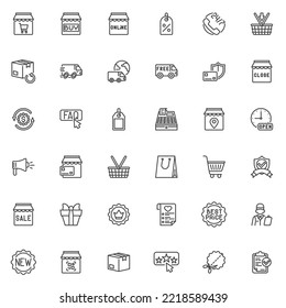 Shopping and e-commerce line icons set. linear style symbols collection, outline signs pack. Online shopping vector graphics. Set includes icons as wish list, best price, product packaging, delivery