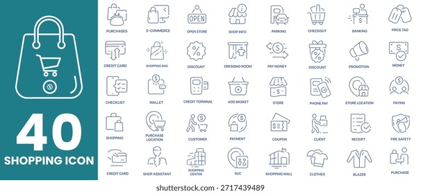 Shopping and Ecommerce Line Icons Set with Payment, Store and Retail Symbols