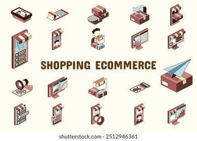 Einkaufen E-Commerce Linearfarbe Vektorgrafik Symbol Aufkleber Set Designmaterialien
