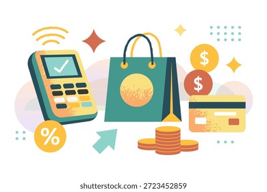 Concepto de pago en línea de comercio electrónico de compras Ilustración minimalista plana retro colorida