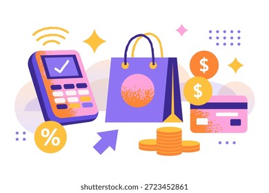 Shopping Ecommerce Online Payment Concept Colorful Flat Minimalist Illustration