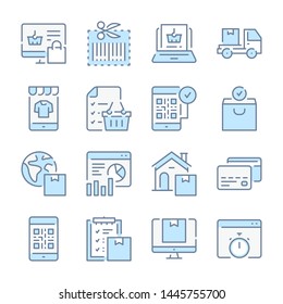 Shopping, E-commerce and Online retail related blue line colored icons.