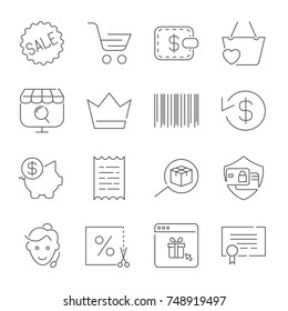 Shopping and E-Commerce pack. Line icons set for apps, programs, sites and other. Contains icons such as: piggy bank, store, barcode, wallet, cashback and other. Vector illustration. Editable Stroke