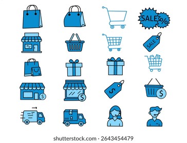 Compras y comercio electrónico - Pixel Iconos de contorno azul perfecto