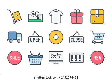 Shopping and E-commerce related color line icon set. Online store colorful linear icons. Shop and Store flat color outline vector sign collection.