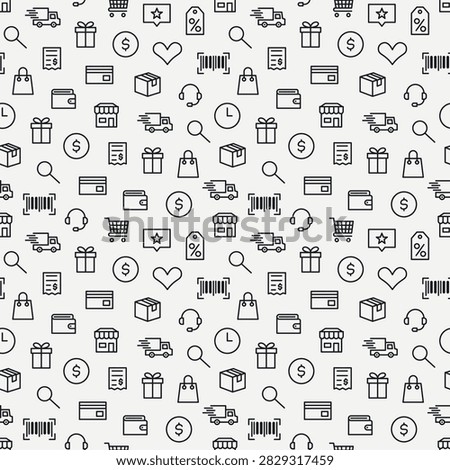 Shopping and e-commerce seamless pattern with linear icons. Black and white outline background for retail, online store, delivery and marketing