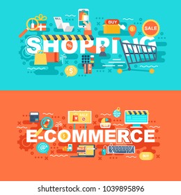 Shopping and e-commerce set of flat concept. Banners with slogan for website and graphic design. Flat icons. Mobile and print media. Vector illustration.
