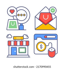 Compras y comercio electrónico, ilustración simple vectorial.