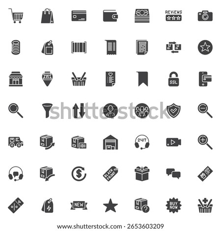 Shopping and E-commerce solid glyph icon set. Vector pack with signs like shopping cart, wallet, barcode, SSL lock, headset, delivery truck, discount, Black Friday, and buy now