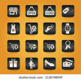 shopping and e-commerce symbols on black buttons on yellow background