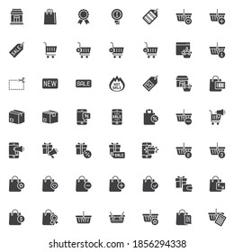 Shopping and ecommerce vector icons set, modern solid symbol collection, filled style pictogram pack. Signs, logo illustration. Set includes icons as discount sale, purchase cart, payment, promotion