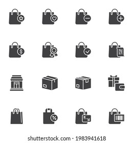 Juego de iconos de vectores de compras y ecommerce, colección moderna de símbolos sólidos, paquete de pictogramas estilo relleno. Señales, ilustración del logotipo. El juego incluye iconos como bolsa de compra, caja de entrega, descuento, tarjeta de pago