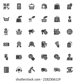 Shopping and ecommerce vector icons set, modern solid symbol collection, filled style pictogram pack. Signs, logo illustration. Set includes icons as discount badge, big sale label, rating, promotion
