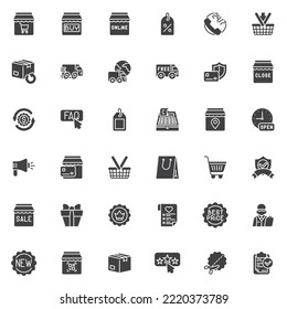 Shopping and e-commerce vector icons set, modern solid symbol collection, filled style pictogram pack. Signs logo illustration. Set includes icons as wish list, best price, product packaging, delivery