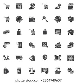 Shopping and ecommerce vector icons set, modern solid symbol collection, filled style pictogram pack. Signs logo illustration. Set includes icons as buy now promotion, delivery service, online payment