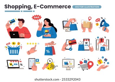 Shopping and e-commerce vector illustration set