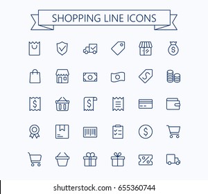 Shopping and E-commerce vector mini icons set. Thin line outline 24x24 Grid.Pixel Perfect