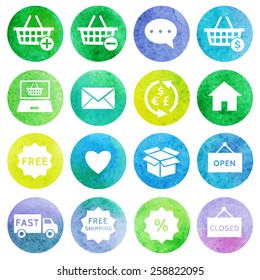 Shopping and e-commerce watercolor icons set 1. Vector