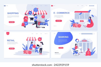 Shopping and e-commerce web concept for landing page in flat design. Customers make purchases at retail stores and online shops, paying orders. Vector illustration with people characters for homepage