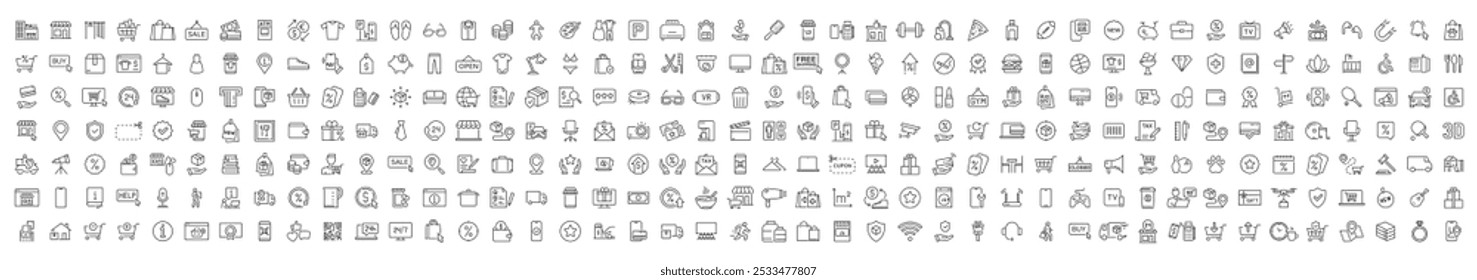 Shopping and E-Commerce web icons in line style. Online shopping, digital marketing, delivery, coupon, shop, discount, bank card, gifts, shop collection. Vector illustration.