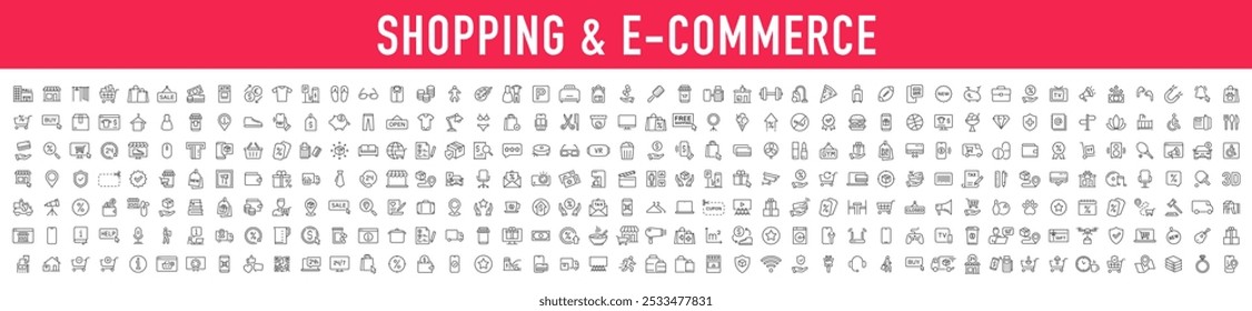 Shopping and E-Commerce web icons in line style. Online shopping, digital marketing, delivery, coupon, shop, discount, bank card, gifts, shop collection. Vector illustration.