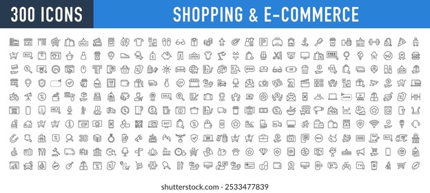Shopping and E-Commerce web icons in line style. Online shopping, digital marketing, delivery, coupon, shop, discount, bank card, gifts, shop collection. Vector illustration.