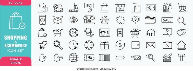 Shopping and E-Commerce web icons in line style. Online shopping, digital marketing, delivery, coupon, shop, discount, bank card, gifts, shop collection. Vector illustration