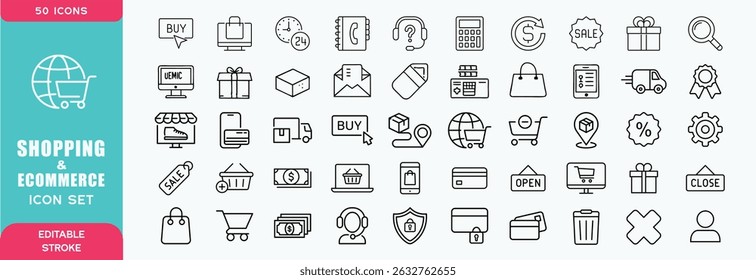 Shopping and E-Commerce web icons in line style. Online shopping, digital marketing, delivery, coupon, shop, discount, bank card, gifts, shop collection. Vector illustration