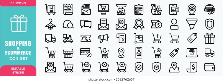 Iconos web de compras y comercio electrónico en estilo de línea. Compras en línea, marketing digital, entrega, Cupón, tienda, descuento, tarjeta bancaria, regalos, colección de la tienda. Ilustración vectorial