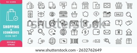 Shopping and E-Commerce web icons in line style. Online shopping, digital marketing, delivery, coupon, shop, discount, bank card, gifts, shop collection. Vector illustration