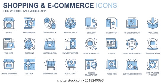 Shopping and e-commerce web icons set in duotone line design. Pack of store, m-commerce, product, delivery, best offer, online discount, wish list, other outline stroke pictograms. Vector illustration