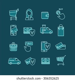 Shopping and ecommerce. Web store. Shopping cart, assistance, payment, buy now, money, protected, delivery, shopping basket, shopping bag - lines web icons set.