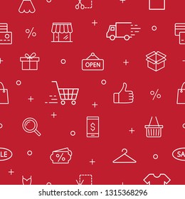 shopping e-commerse seamless pattern with thin line icons on red background