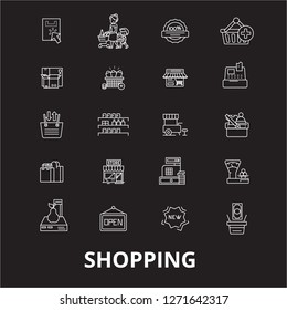 Shopping editable line icons vector set on black background. Shopping white outline illustrations, signs, symbols