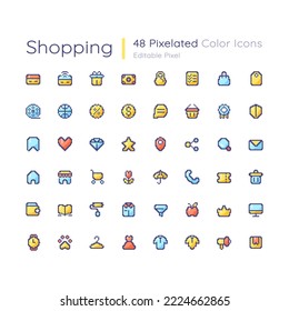 Shopping editable pixel color ui icons set. Digital commerce. Online store. Retro style design for arcade, video game art. Vector isolated 8bit graphic elements collection. Montserrat Light font used