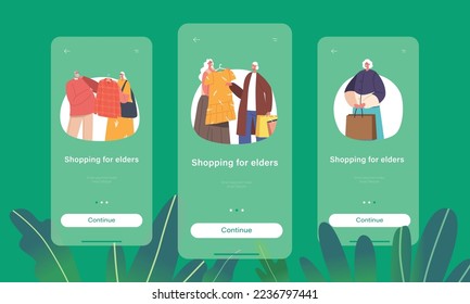 Plantilla de pantalla de la página de la aplicación móvil de compras para personas mayores. Alegres ancianas y mujeres comprando ropa, personajes antiguos comprando vestimenta en el concepto de la tienda de moda. Ilustración de vectores de personas de caricatura