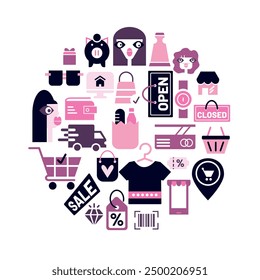 Shopping elements in a circle. Set of modern and graphic elements for retail with girls and objects. Pink and purple color combination.