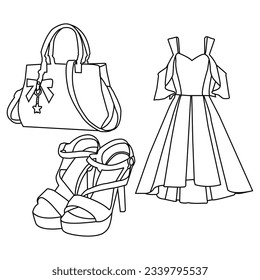Shopping elements set fashion summer clothes with women's bags, shoes, and accessories collections.
