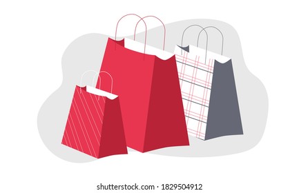 Comprando bolsas de papel vacías de diferentes tamaños con patrones. Dibujo manual de clip plano. Ilustración vectorial de material aislada sobre fondo blanco.