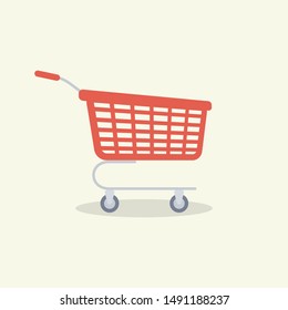 Shopping equipment: red trolley isolated on light background. Vector illustration