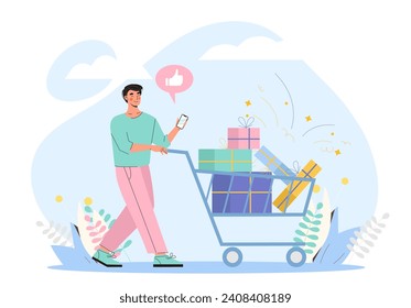 Shopping event concept. Man with shopping cart with gift boxes. Present and surprise. Special offer for clients and customers. Electronic commerce and marketing. Cartoon flat vector illustration