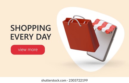 Shopping every day. Advantages of favorite store. Convenient format for ordering necessary goods. Application for daily shopping. Online shopping by phone. Vector poster with 3D elements