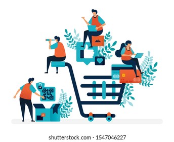 Shopping experience of finding products, making payments and delivery services. Big shopping cart. Flat vector illustration for landing page, web, website, banner, mobile apps, flyer, poster, ui