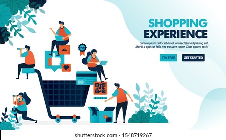 Shopping experience of finding products, making payments and delivery services. Big shopping cart. Flat vector illustration for landing page, web, website, banner, mobile apps, flyer, poster, ui