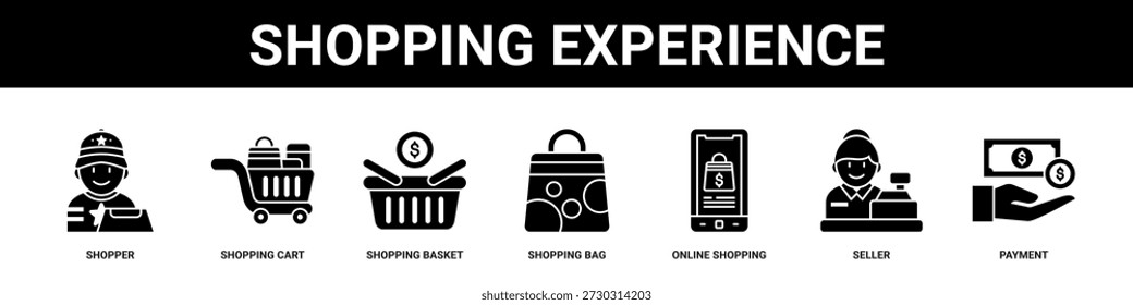 Shopping Experience web banner icon set collection solid style.