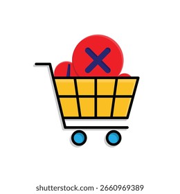 Icono de error de compras. Comercio electrónico. Carrito de compras con una cruz. Tienda, venta, mercado. Estilo de diseño isométrico.