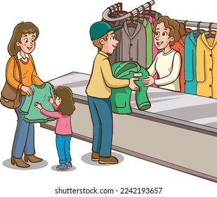 shopping family cartoon vector illustration
