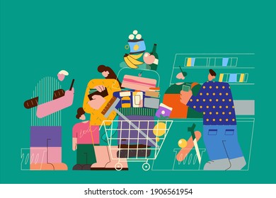 Shopping With Family During Covid-19 Concept. Customers People Characters In Medical Masks Stand In Line In Grocery Store Goods In Shopping Trolley Bags For Purchase At Cashier Vector Illustration 